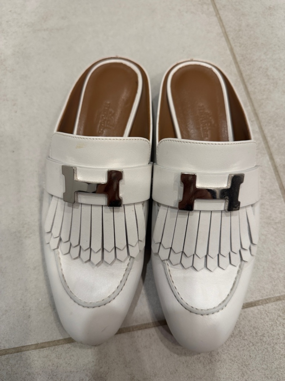 Hermes White Leather Fringe H Logo Loafers